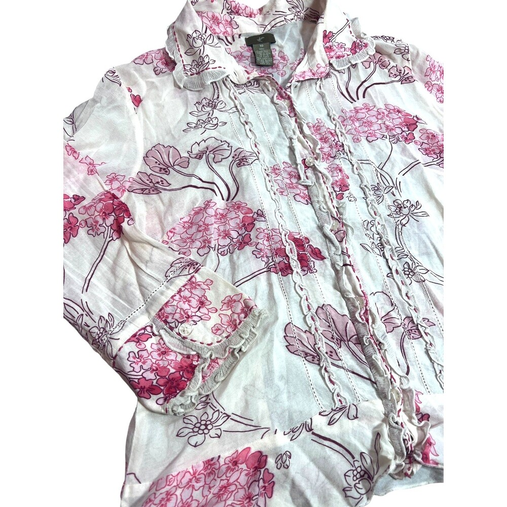Anthropologie Floral Pintuck Ruffle Trim Cotton Blouse Size 10 - Picture 6 of 9